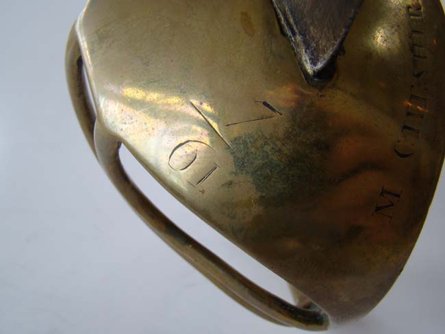 An 18th century English Grenadiers' Basket Hilted Hanger made by Samuel Harvey circa 1750-1768 with engraved heart shaped guard inscribed "M CHESHIRE" and having the Regimental markings 7 and 61. — image 5